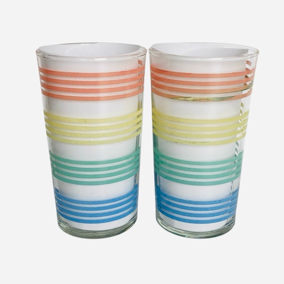 Pastel Striped Bands Tumbler Glasses Vintage MacBeth Evans? Petalware 4 1/2" - Picture 1 of 12
